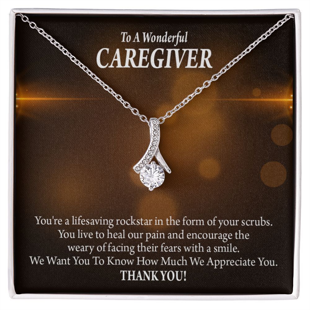 Rockstar Caregiver Ribbon Necklace Silver Tone Standard Box